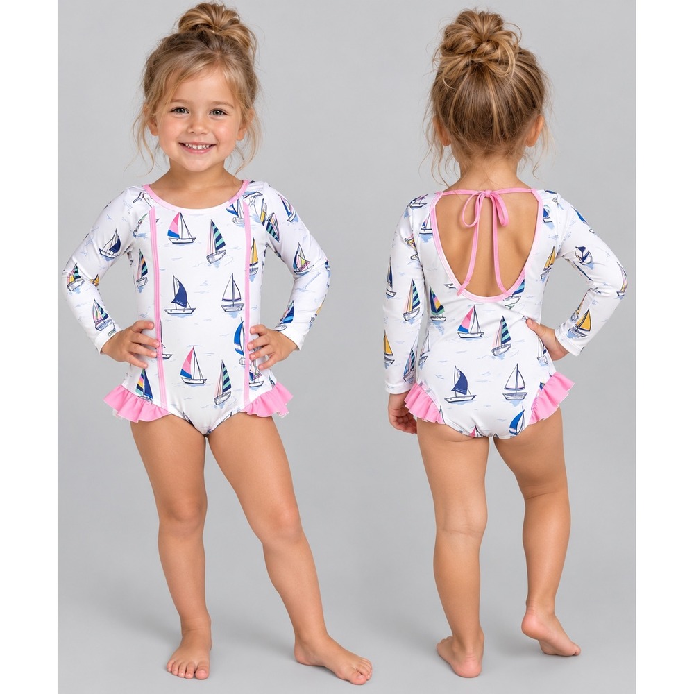 Blueberry Bay Stella Marina Sailboat Long Sleeve One Piece Swimsuit Girls 4T 💗